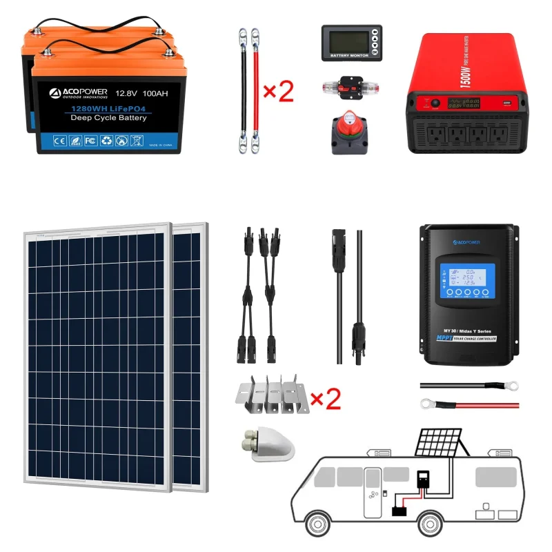 100w poly solar panel 200ah lifepo4 battery kit 1 5kw power