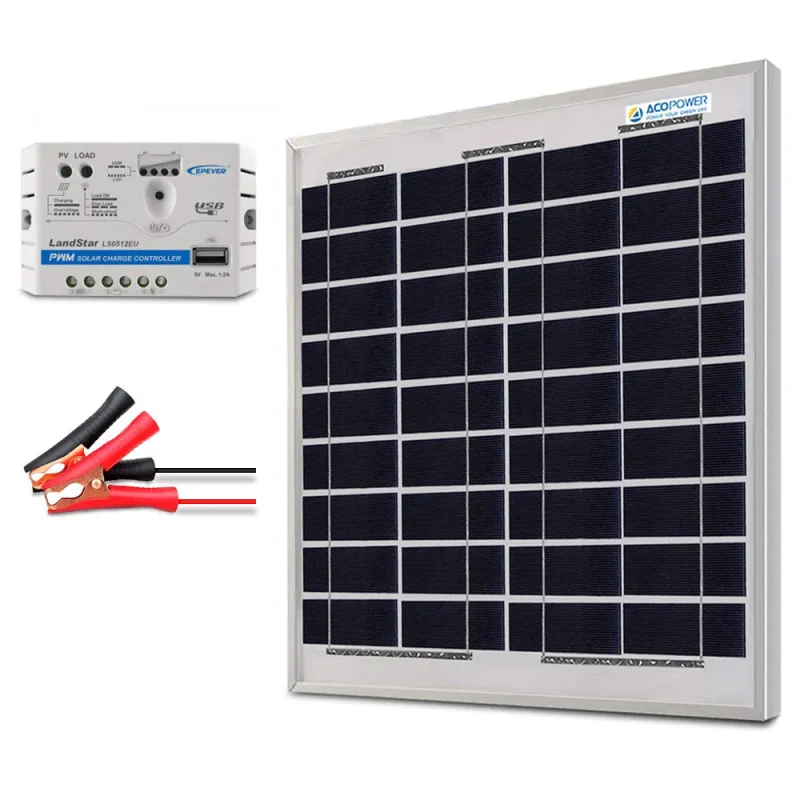 15w 12v solar charger kit w 5a controller alligator clips