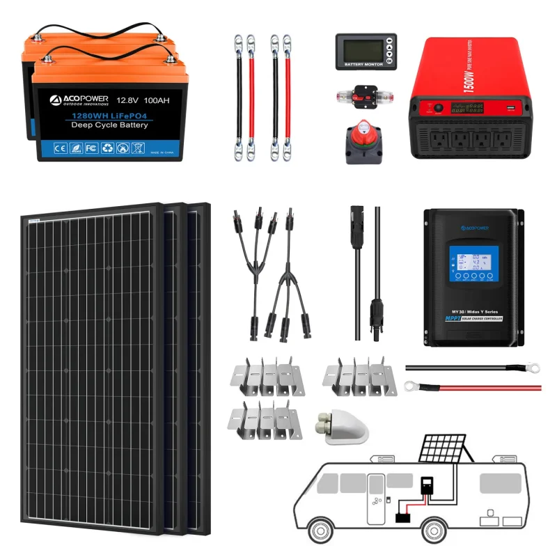 acopower 100w mono 400ah 3kw li battery kit