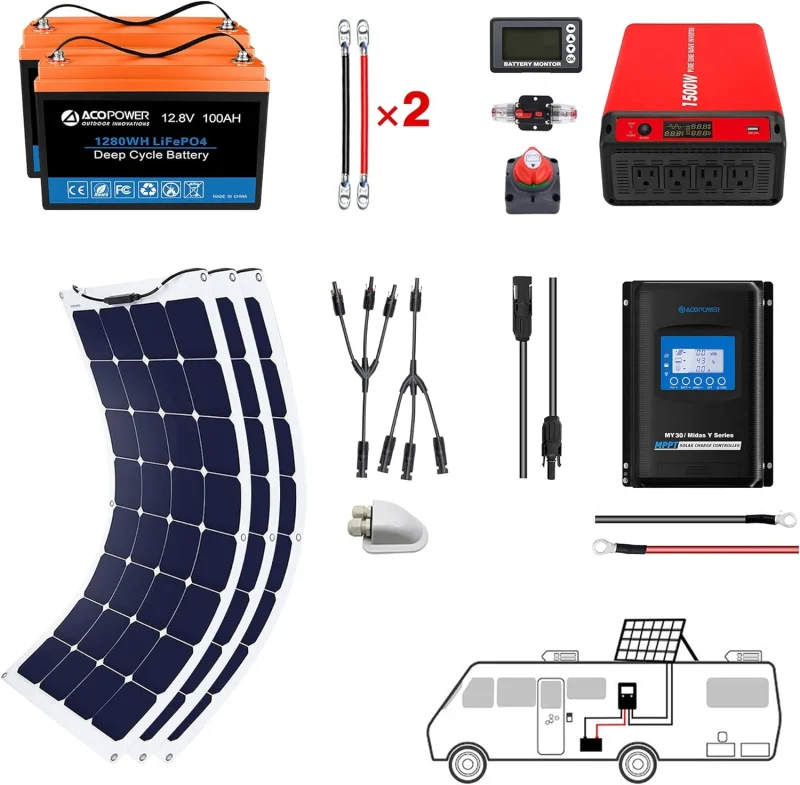 acopower 110w flex 200ah 1 5kw li battery kit 2x100ah 330w