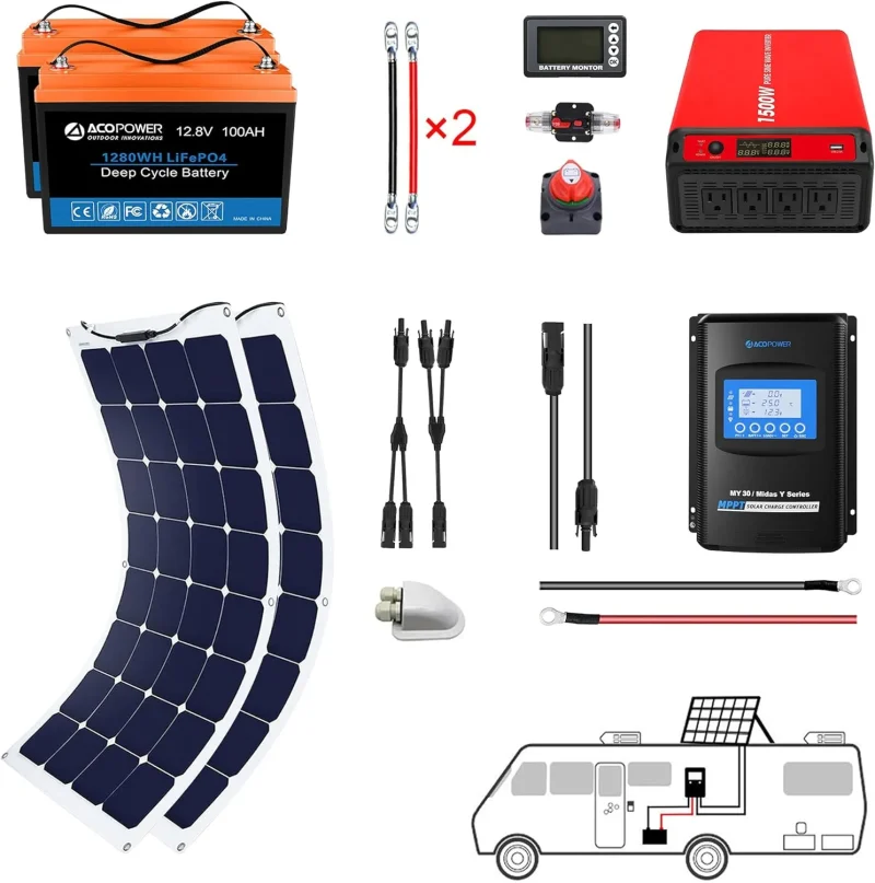 acopower 110w flex solar panel kit 200ah 1 5kw li battery