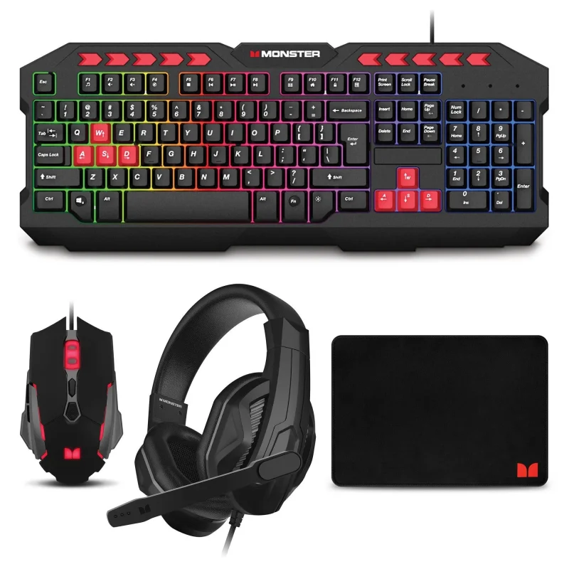 monster campaign gaming bundle black keyboard mouse headset mouse pad