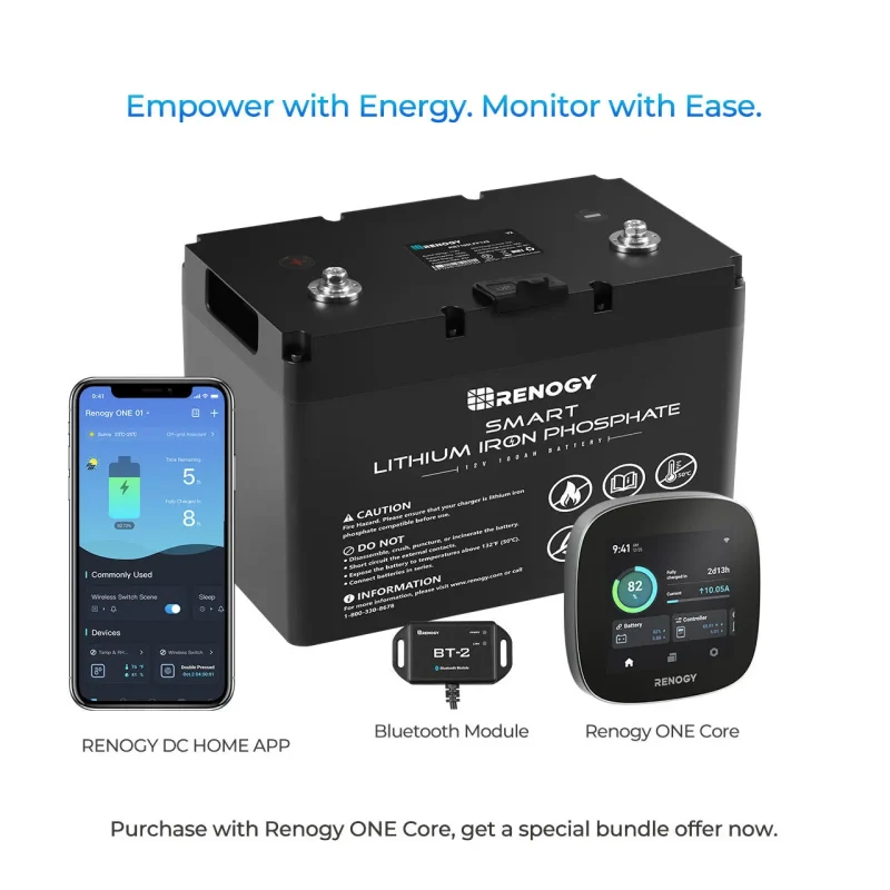 renogy 12v 100ah smart lithium battery with renogy one core bt 2 module